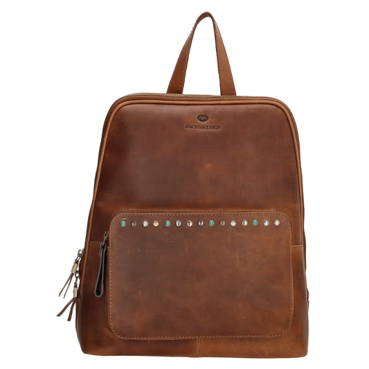 Rucksack 28 x 33,5cm in Cognac mit Nieten, Reißverschluss und Vortasche