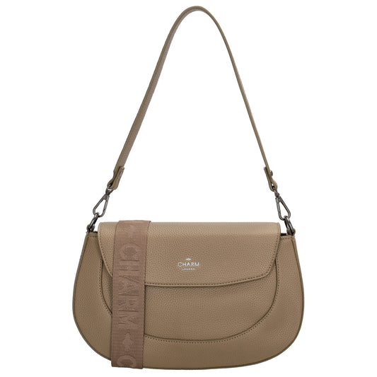 Schultertasche 28x17cm in Taupe mit Reißverschluss und Überschlag