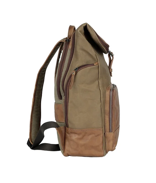 Rucksack mit Überschlag in Beige|Cognac aus Canvas und Leder